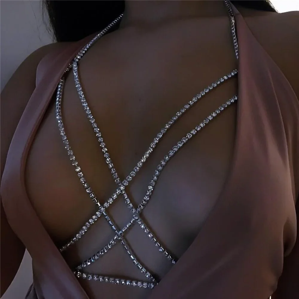 Double Criss Cross Sparkling Rhinestone Bust Body Harness Chain - Picture 1 of 6